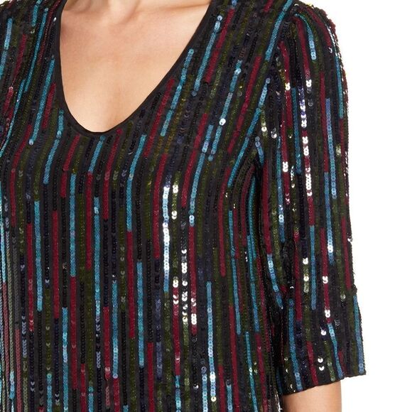 NEW! Anthro Elisa Rainbow Sequin Vertical Striped Shirt Dress - Picture 4 of 15